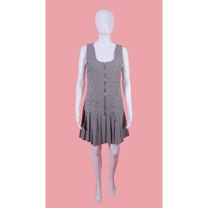 1990s CHECKERED NEW STAR Dress W/Exposed Zipper &Pleated Skirt. Medium-Large
